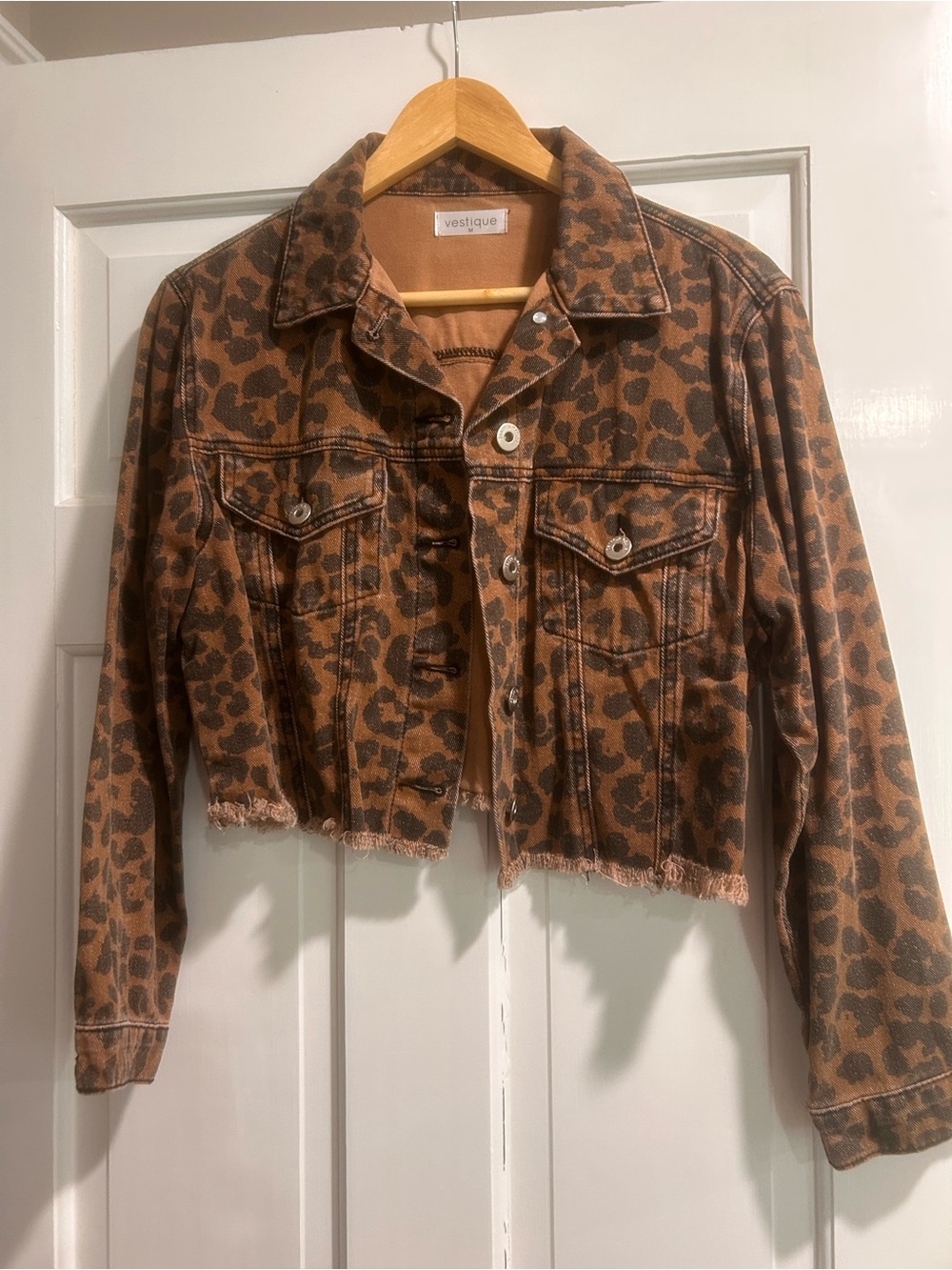 vestique Brown Leopard Print Cropped Jean crop Jacket